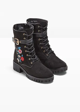 Veterboots met borduursel • zwart • bonprix online shop