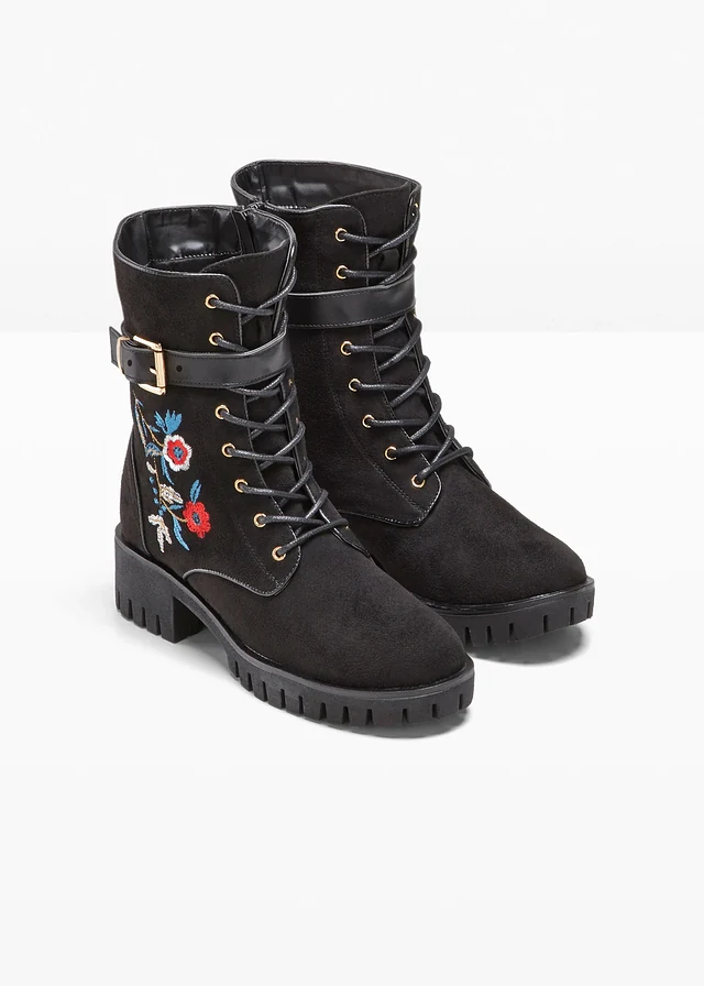 Boots lacées avec broderies, Couleur: noir