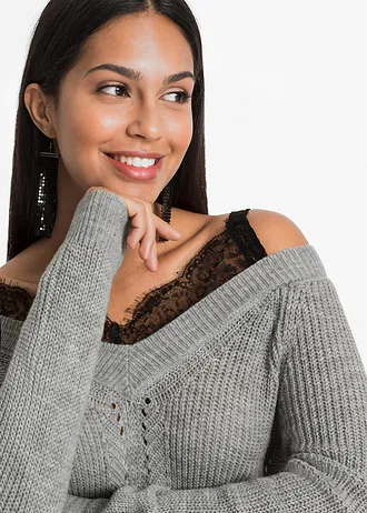 Ajour trui met kant • grijs gemêleerd • bonprix online shop