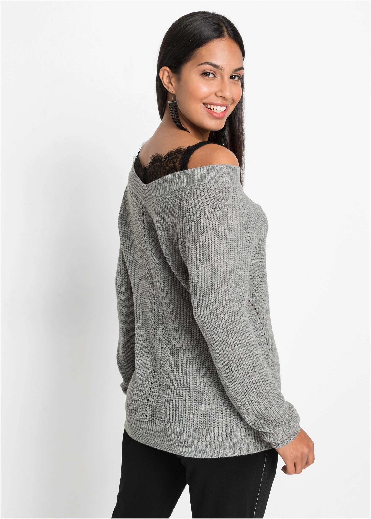 Ajour trui met kant • grijs gemêleerd • bonprix online shop