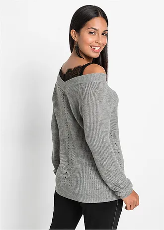 Ajour trui met kant • grijs gemêleerd • bonprix online shop