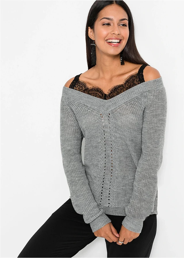 Ajour trui met kant • grijs gemêleerd • bonprix online shop