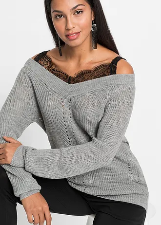 Ajour trui met kant • grijs gemêleerd • bonprix online shop