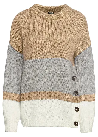 Pruhovaný oversized pulovr s knoflíky • béžovo-bílo-světle šedý melír • bonprix obchod