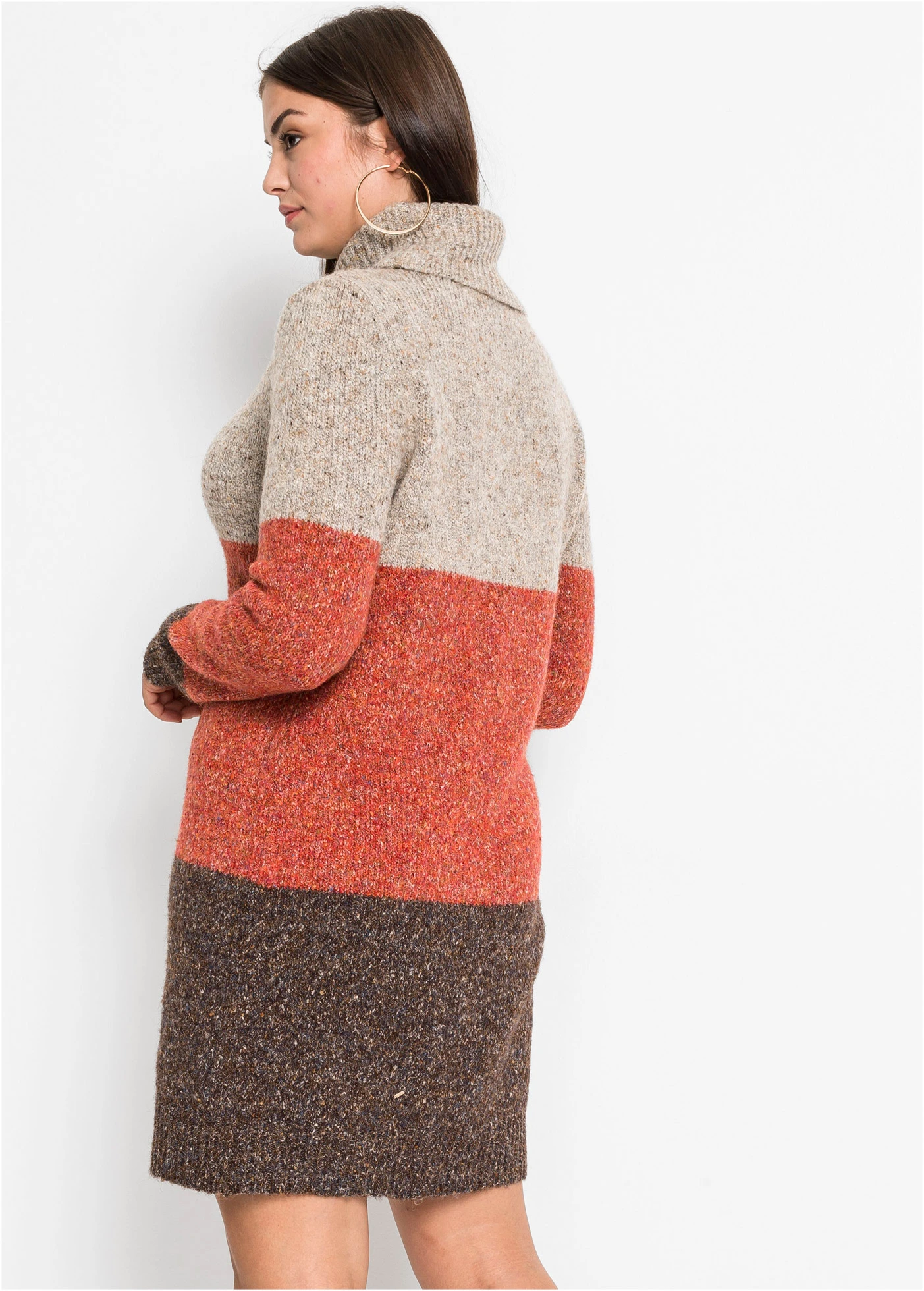 Gebreide jurk met col • donkerbruin-beige-oranje gemêleerd plus size • bonprix online shop