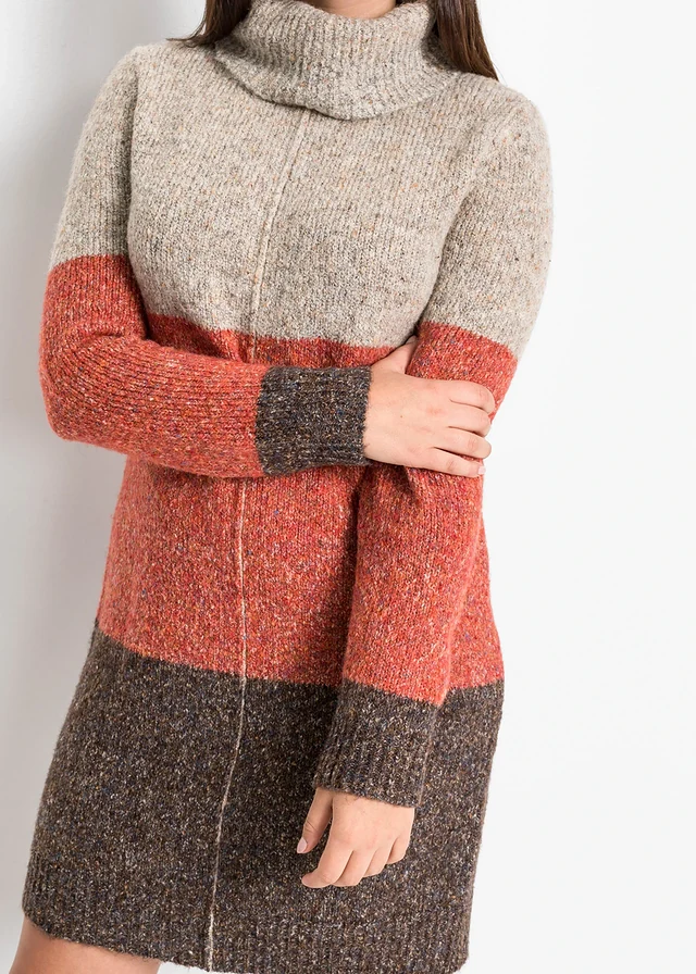 Gebreide jurk met col • donkerbruin-beige-oranje gemêleerd plus size • product-page.page-title-suffix