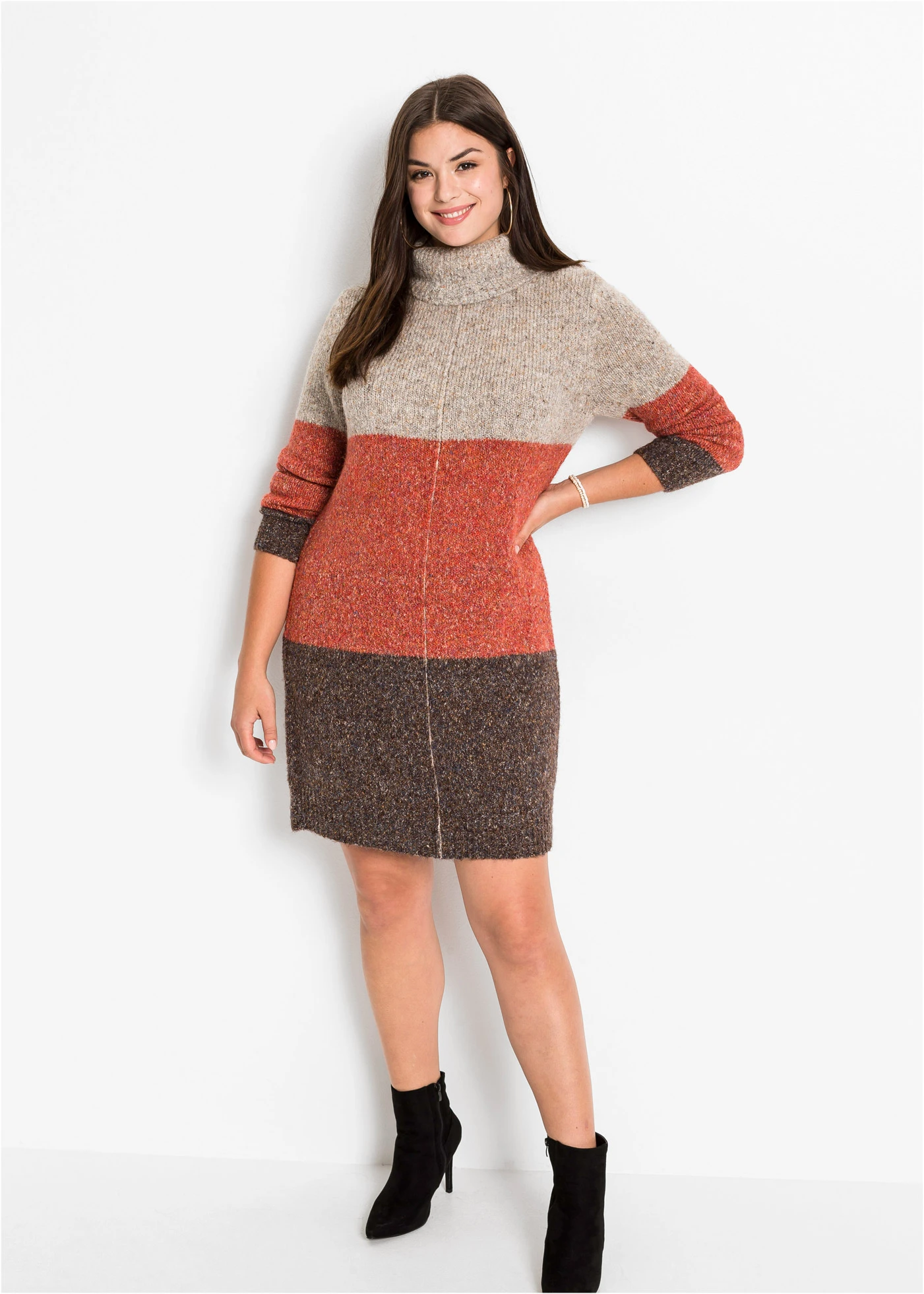 Gebreide jurk met col • donkerbruin-beige-oranje gemêleerd plus size • bonprix online shop
