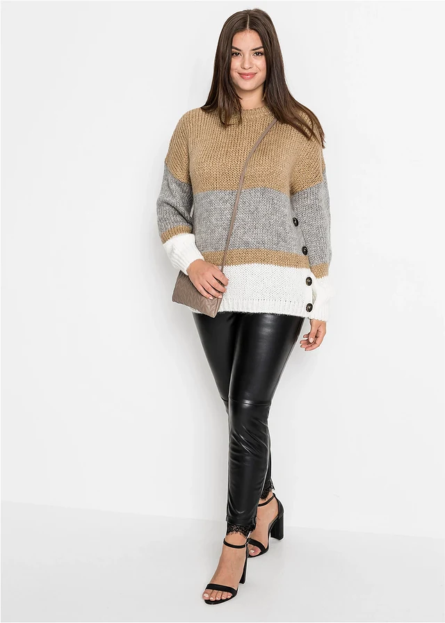 Pull oversize rayé à boutons, Couleur: beige/gris clair chiné/blanc