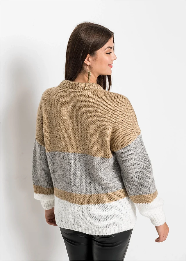 Pull oversize rayé à boutons, Couleur: beige/gris clair chiné/blanc