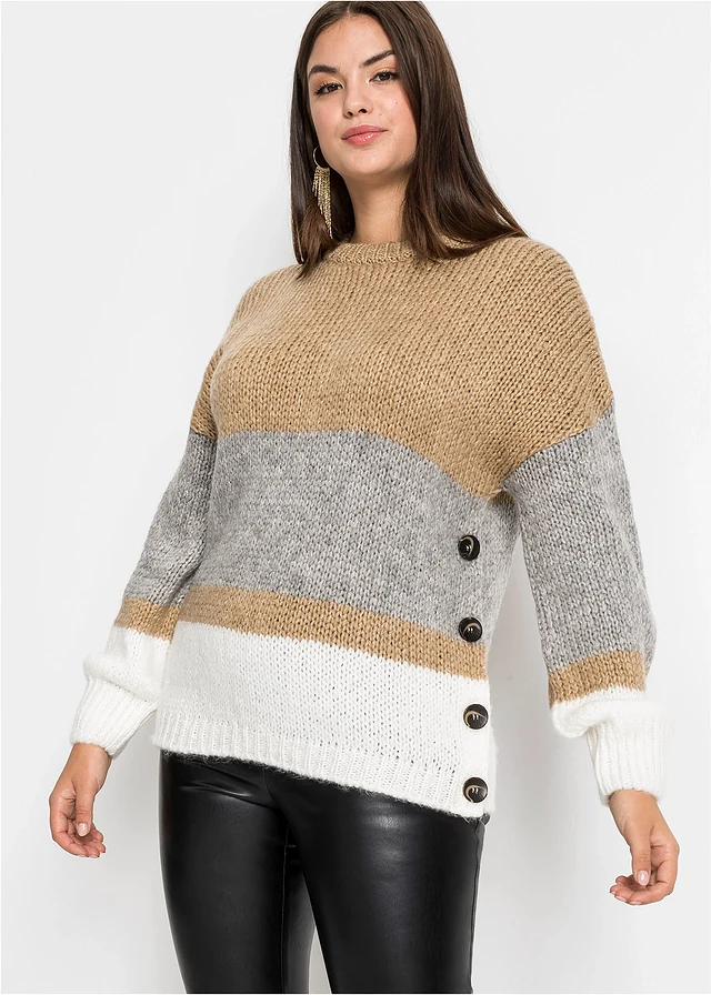 Pull oversize rayé à boutons, Couleur: beige/gris clair chiné/blanc