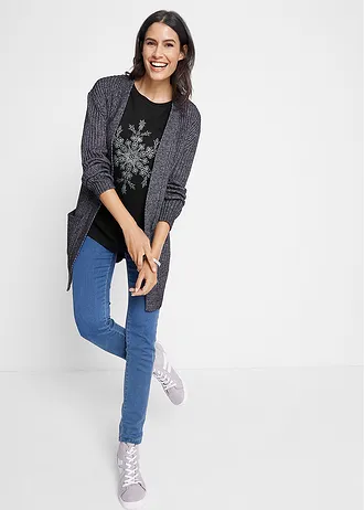 T-shirt manches longues coton à imprimé flocon de neige métallique • noir-argenté métallisé • Boutique bonprix