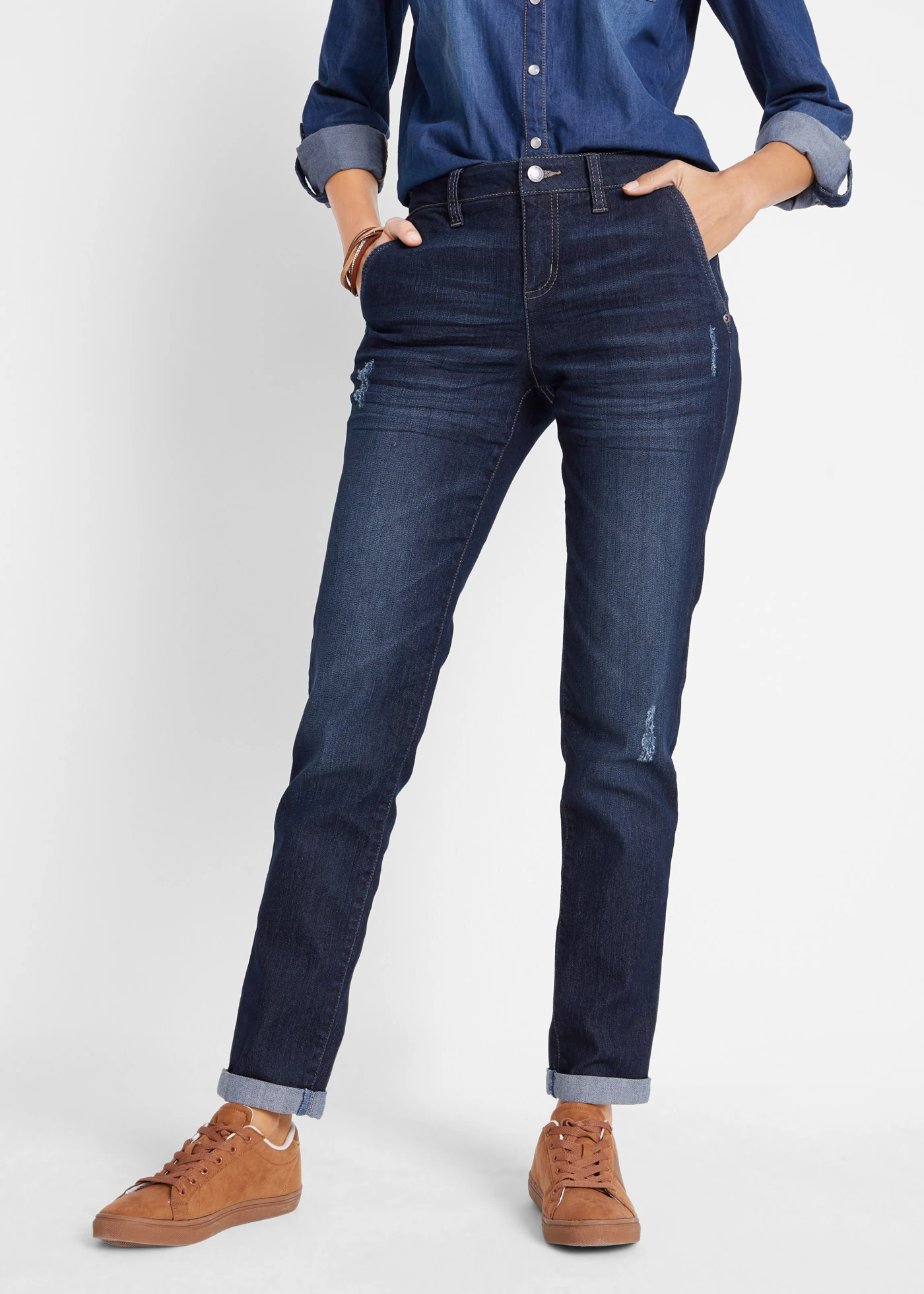 Jean boyfriend taille mi-haute, extensible • bleu foncé used • Boutique bonprix