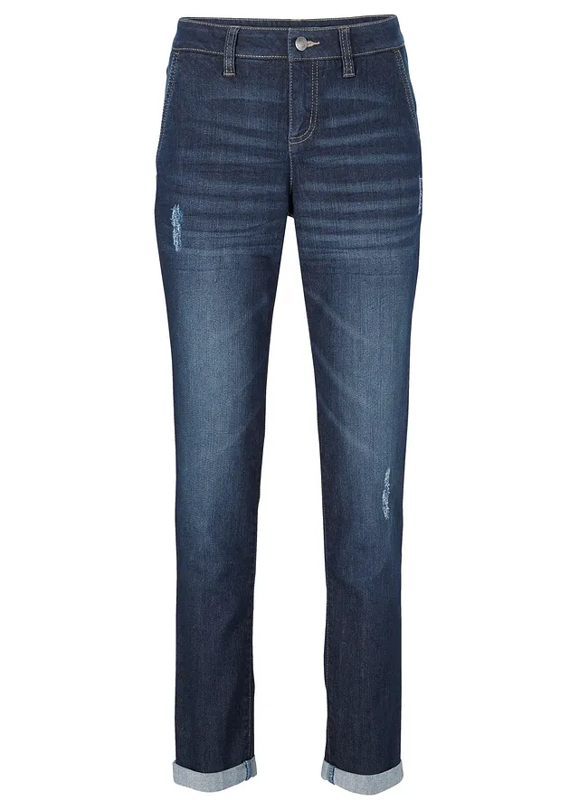 Džíny Boyfriend, Mid Waist, pohodlný streč • tmavě modrá used • bonprix obchod