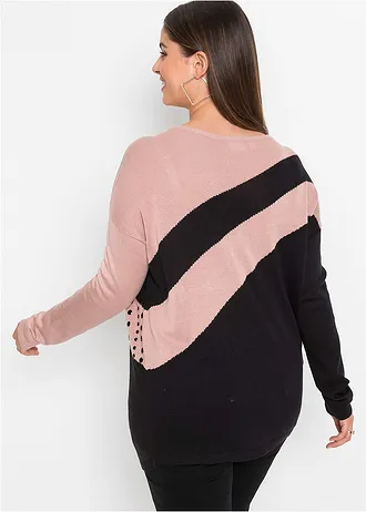 Pull long avec strass, Couleur: noir-rose pâle