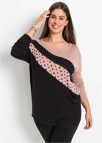 Pull long avec strass, Couleur: noir-rose