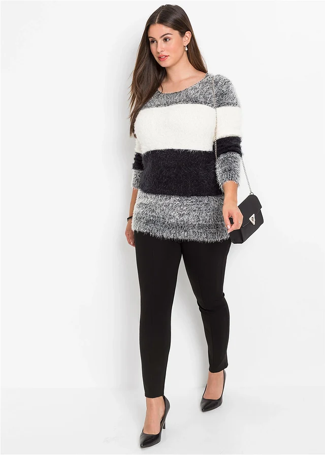 Fluffy trui met strepen, Kleur: zwart/wit gestreept