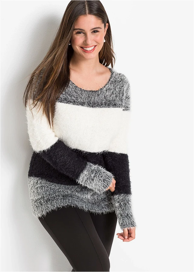 Pull en grosse maille, Couleur: noir/blanc rayé