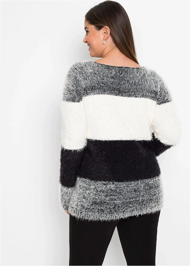 Pull en grosse maille, Couleur: noir/blanc rayé