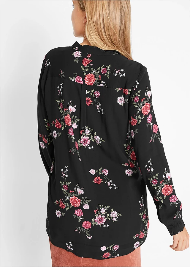 Lange blouse van viscose, wijd model, Kleur: zwart gebloemd