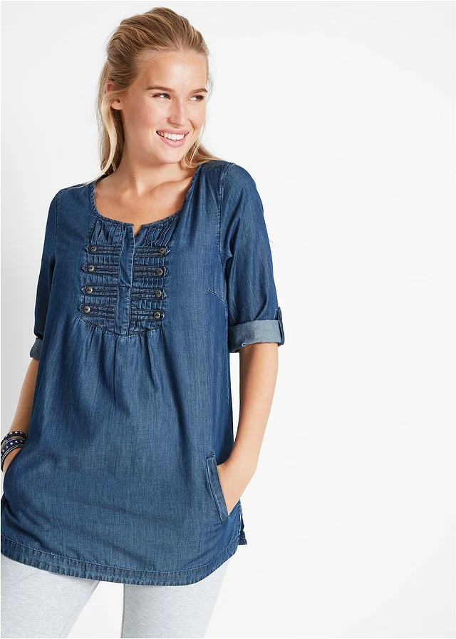 Blouse longue, forme trapèze, Couleur: bleu denim