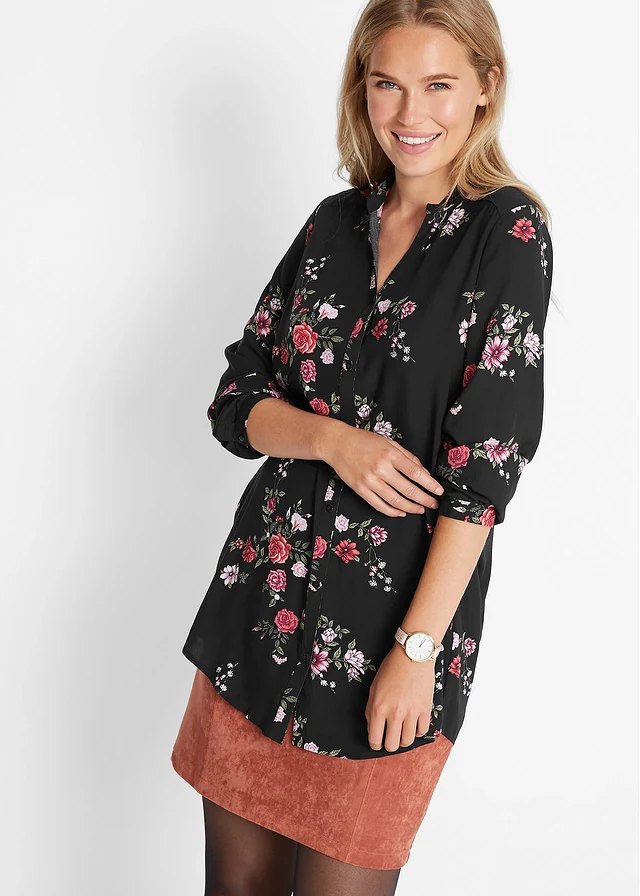Lange blouse van viscose, wijd model, Kleur: zwart gebloemd