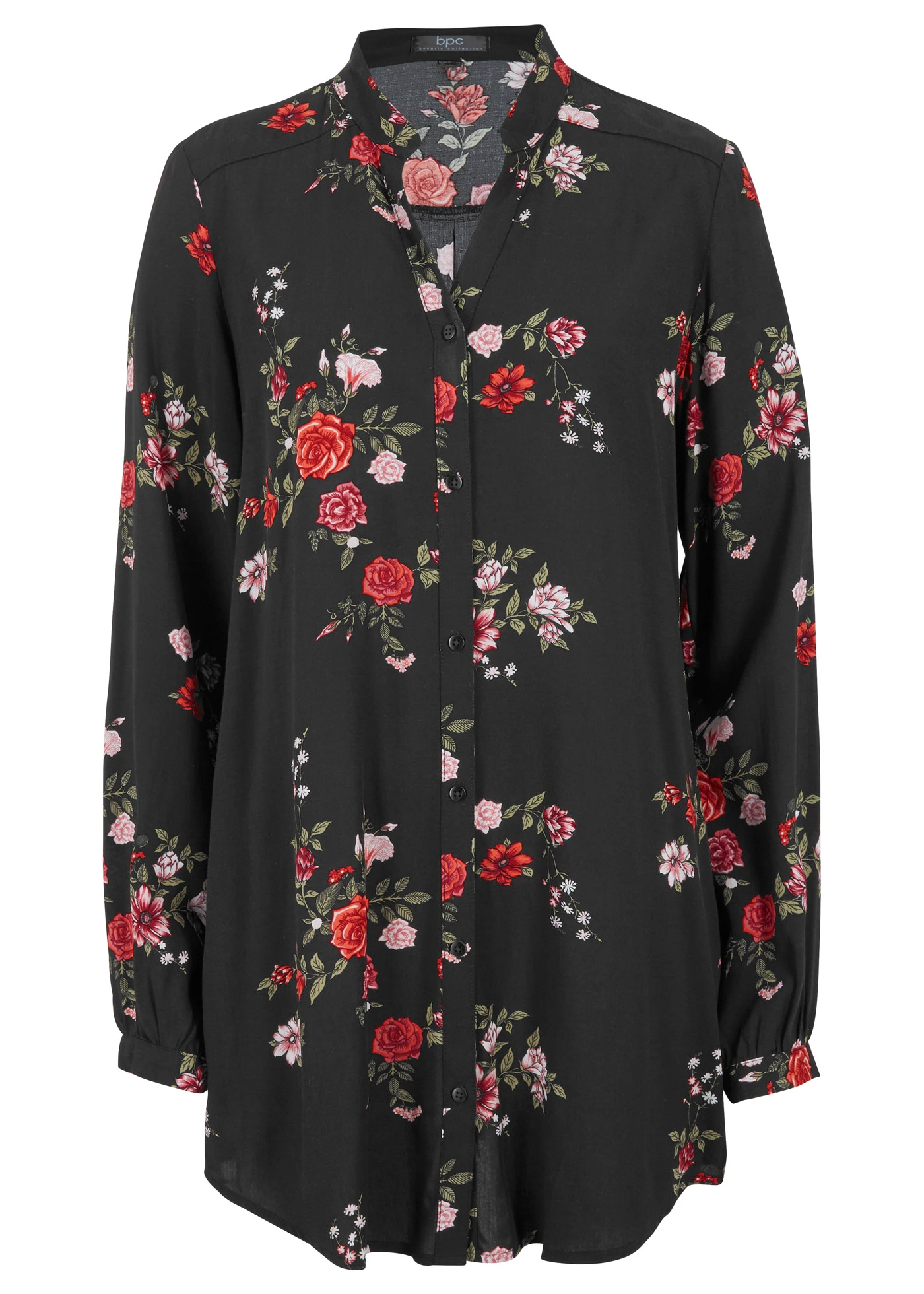 Bluză lungă din viscoză fluidă • negru floral • magazin bonprix