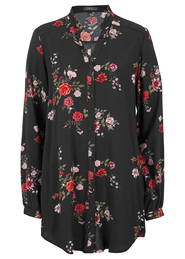 Lange blouse van viscose, wijd model, Kleur: zwart gebloemd