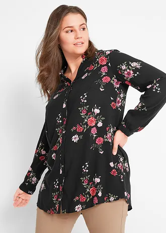 Hosszú blúz puha viszkózból, szín: fekete/virágmintás