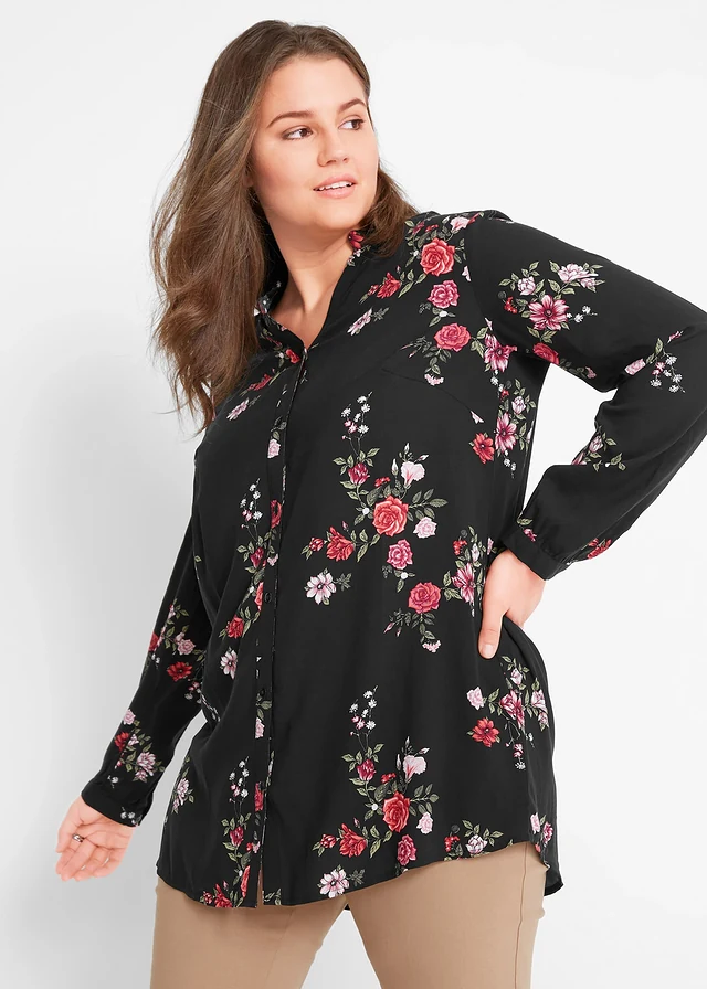 Tunique longue en viscose fluide, Couleur: noir floral