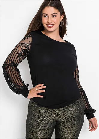 Tričko s dlouhým rukávem, z viskózové směsi, barva: černá