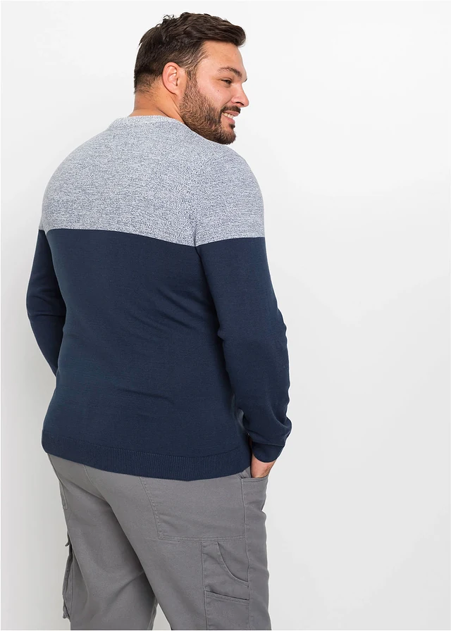 Fijn gebreide trui met colourblocking en katoen, Kleur: indigo gemêleerd-donkerblauw