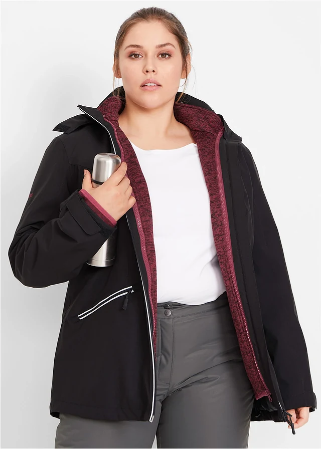 3-in-1 outdoor jas met fleece binnenjas, Kleur: zwart-rododendronrood