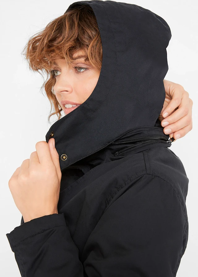 Lange trenchcoat met capuchon, getailleerd, licht gewatteerd • zwart • product-page.page-title-suffix