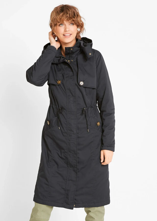 Trench long à capuche, cintré, légèrement rembourré • noir • product-page.page-title-suffix