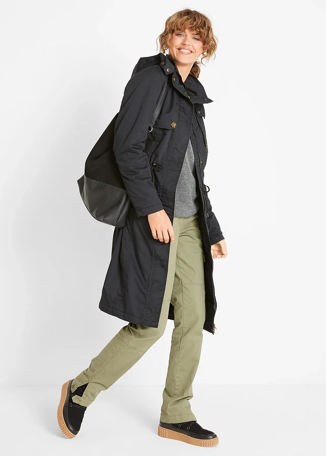 Lange trenchcoat met capuchon, getailleerd, licht gewatteerd • zwart • product-page.page-title-suffix