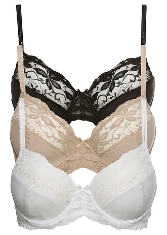 Beugel bh met fijne kant (set van 3) • zwart+wit+krijtbeige • bonprix online shop