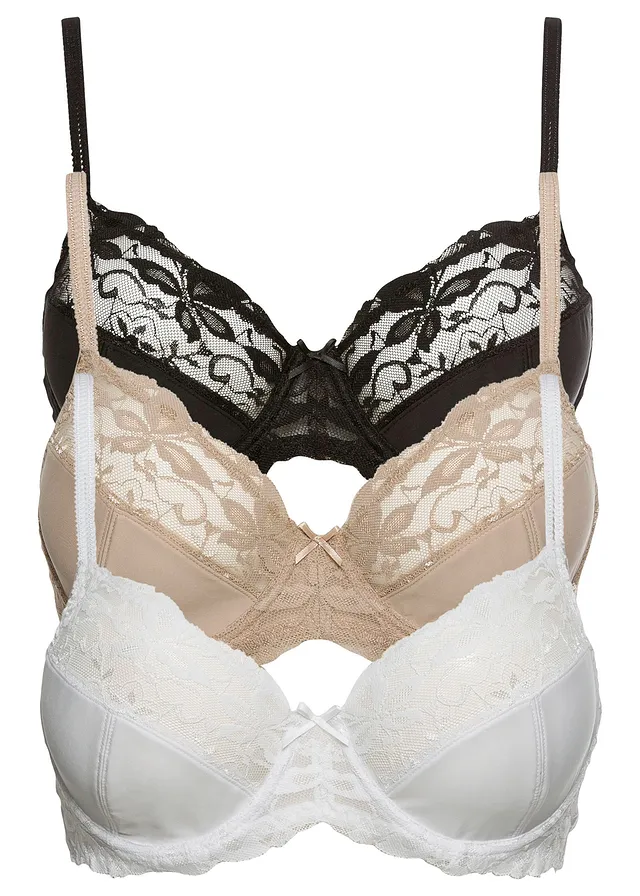 Beugel bh met fijne kant (set van 3) • zwart+wit+krijtbeige • bonprix online shop