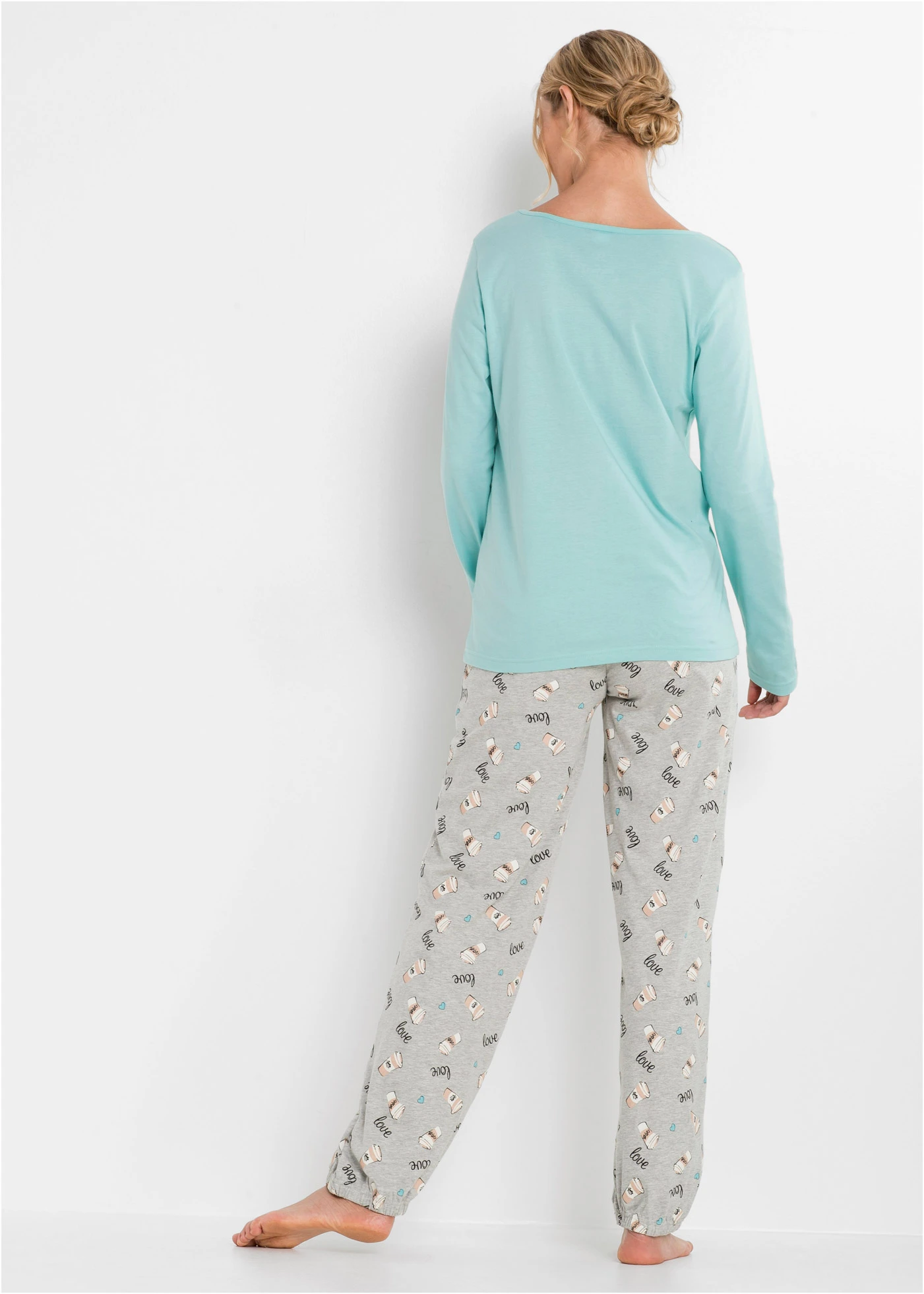 Pijama cu bumbac organic • acvamarin pastel/gri melanj cu imprimeu • magazin bonprix