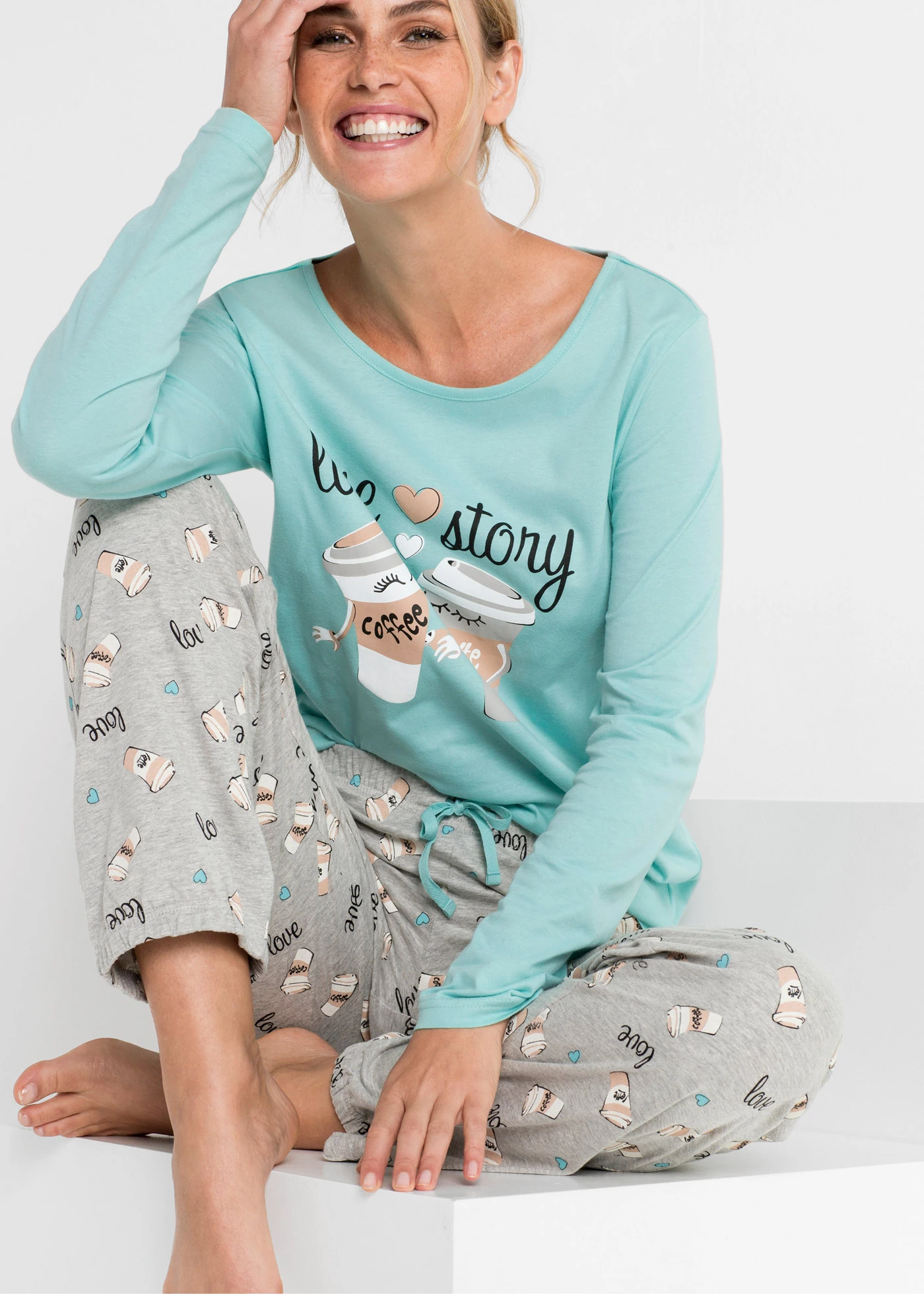 Pijama cu bumbac organic • acvamarin pastel/gri melanj cu imprimeu • magazin bonprix