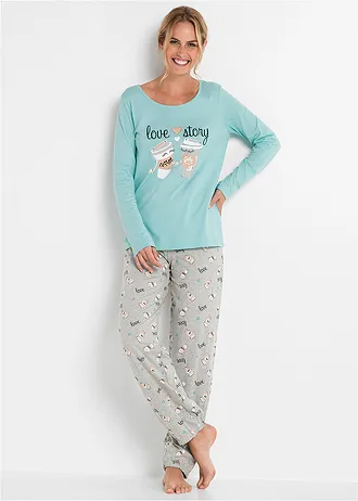 Pijama cu bumbac organic • acvamarin pastel/gri melanj cu imprimeu • magazin bonprix