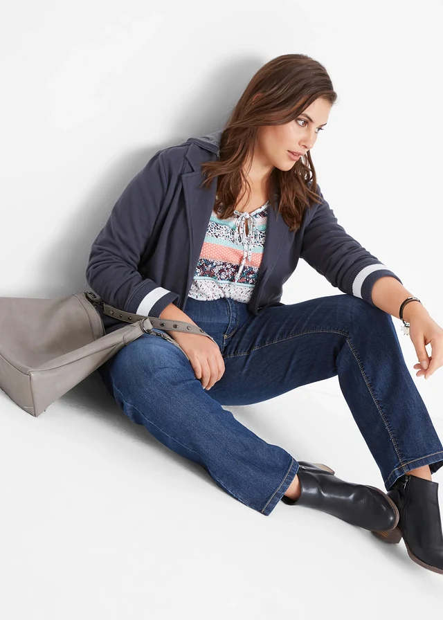 Jean droit taille mi-haute, extensible, Couleur: bleu foncé used