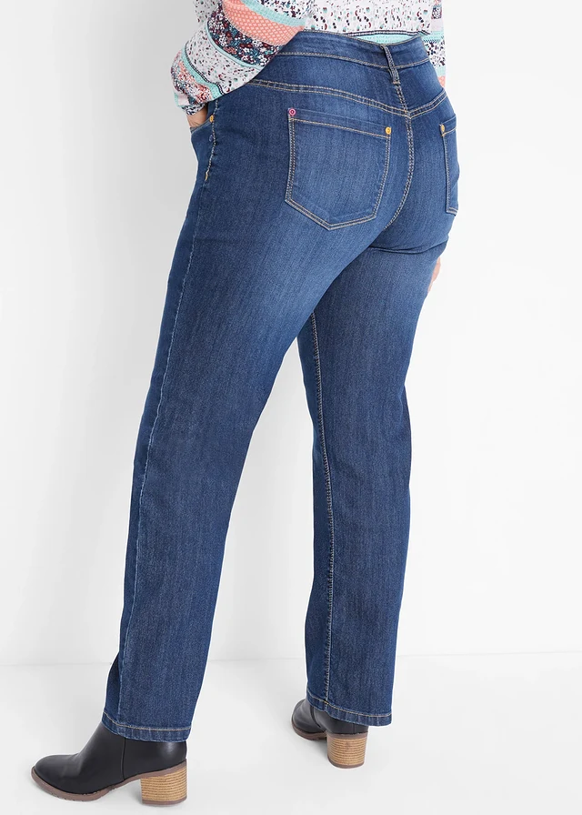 Jean droit taille mi-haute, extensible, Couleur: bleu foncé used