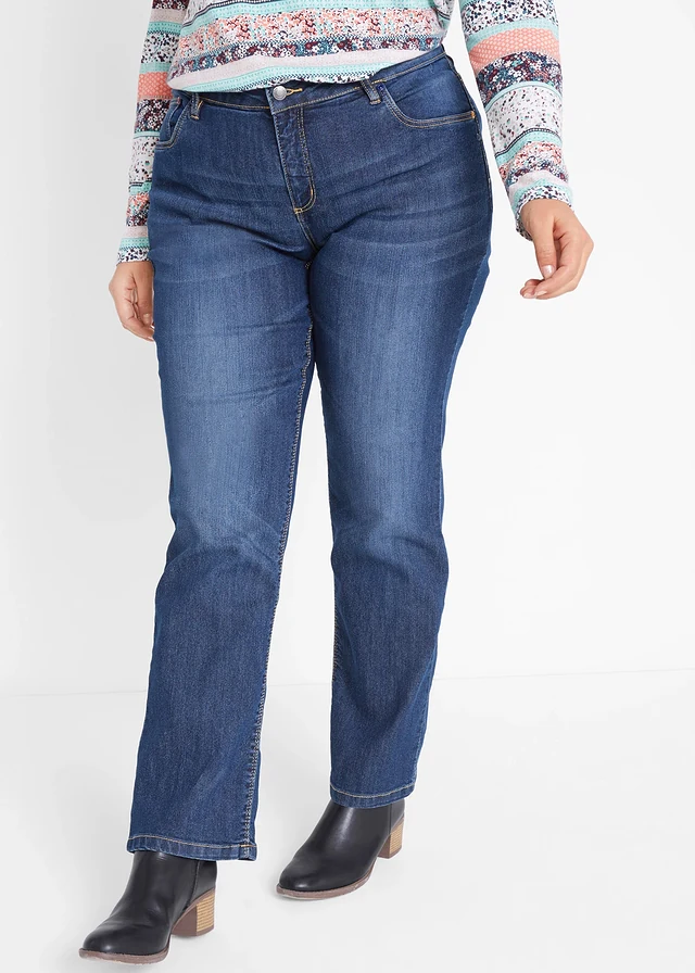 Jean droit taille mi-haute, extensible, Couleur: bleu foncé used