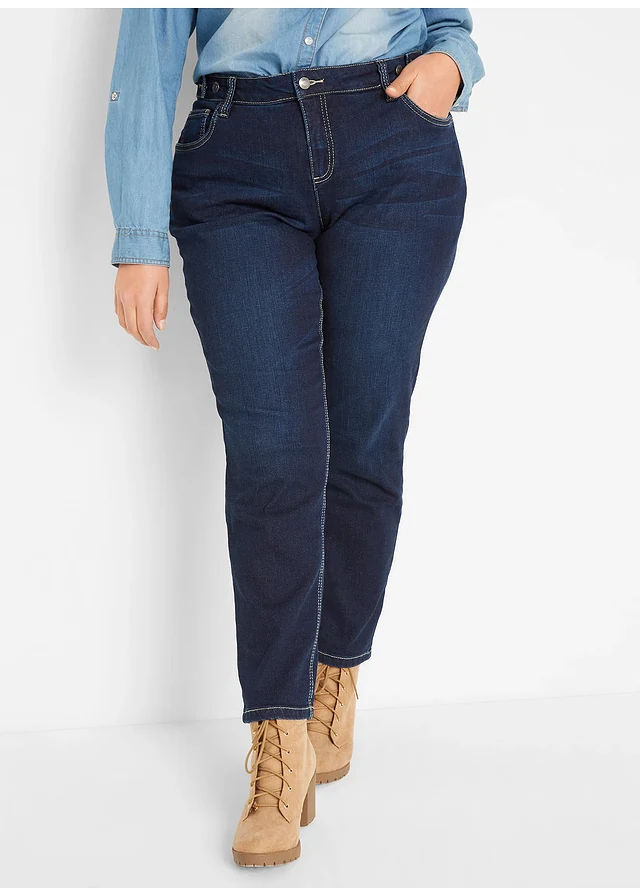 Jean Boyfriend taille mi-haute, extensible, Couleur: bleu foncé used