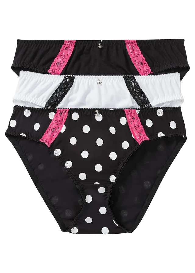 Slip (set van 3) met biologisch katoen, Kleur: zwart gestippeld+zwart+wit