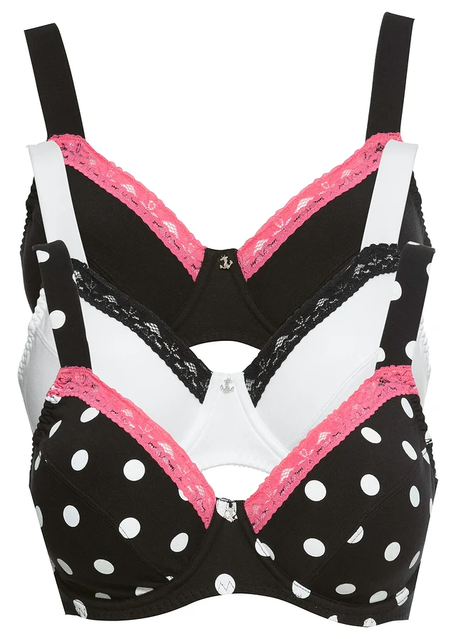 Lot de 3 soutiens-gorge en coton, Couleur: noir pois + noir + blanc