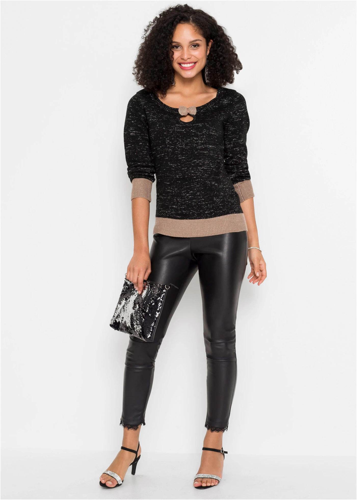 Pull avec nœud • noir-taupe-argenté métallisé • Boutique bonprix