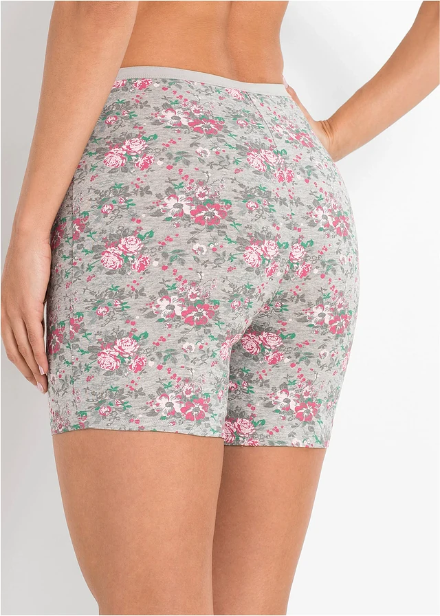 Lange dames boxer (set van 4), Kleur: lichtgrijs gemêleerd+roze+groen gebloemd