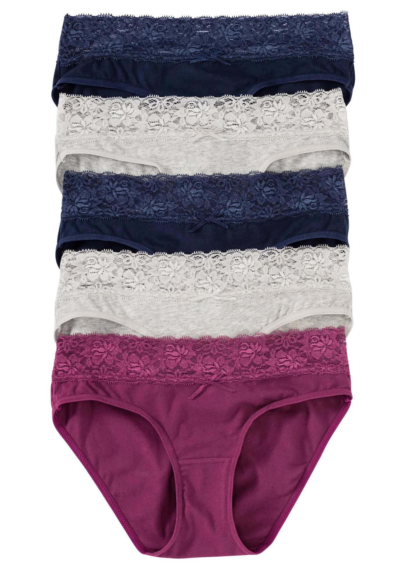 Slip met zacht katoen en kant (set van 5) • lichtgrijs gemêleerd+donkerblauw+bessen • bonprix online shop