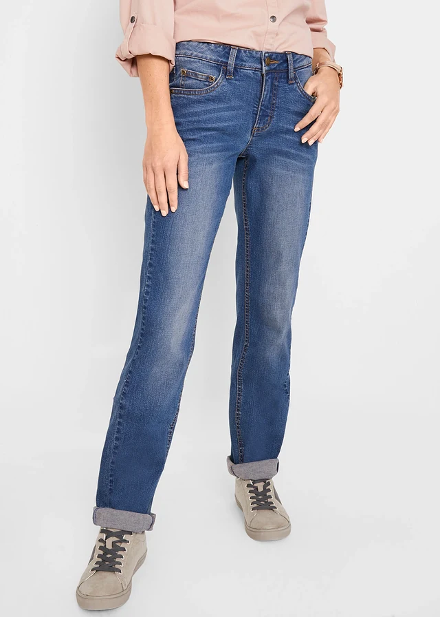 Straight jeans mid waist, stretch, Kleur: blauw denim used